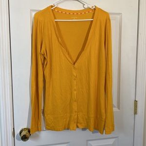 Lands’ End Mustard Yellow Cotton Vneck Sweater Cardigan M